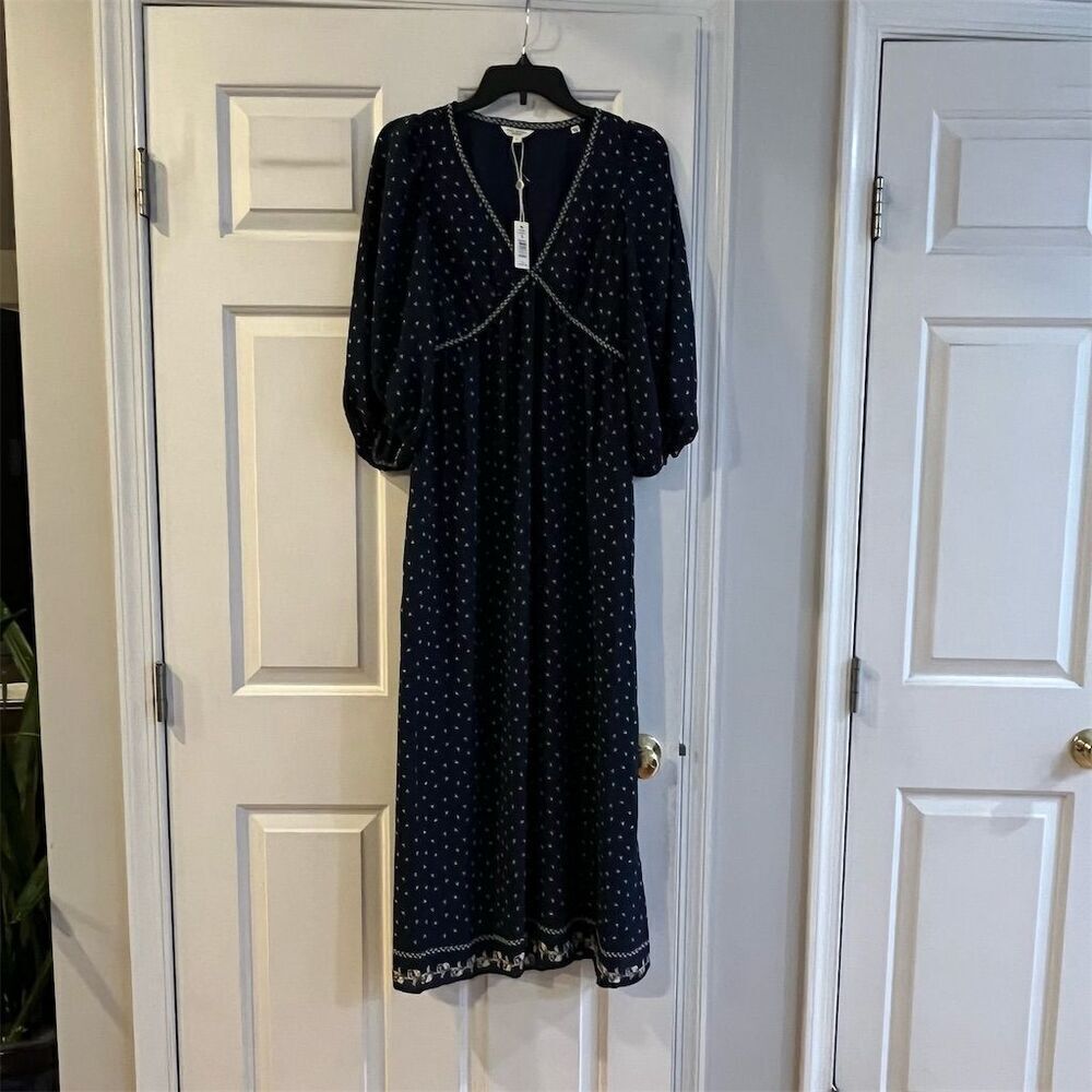 Max Studio Women's Midi Dress S Blue White Pattern V-Neck Long Sleeve